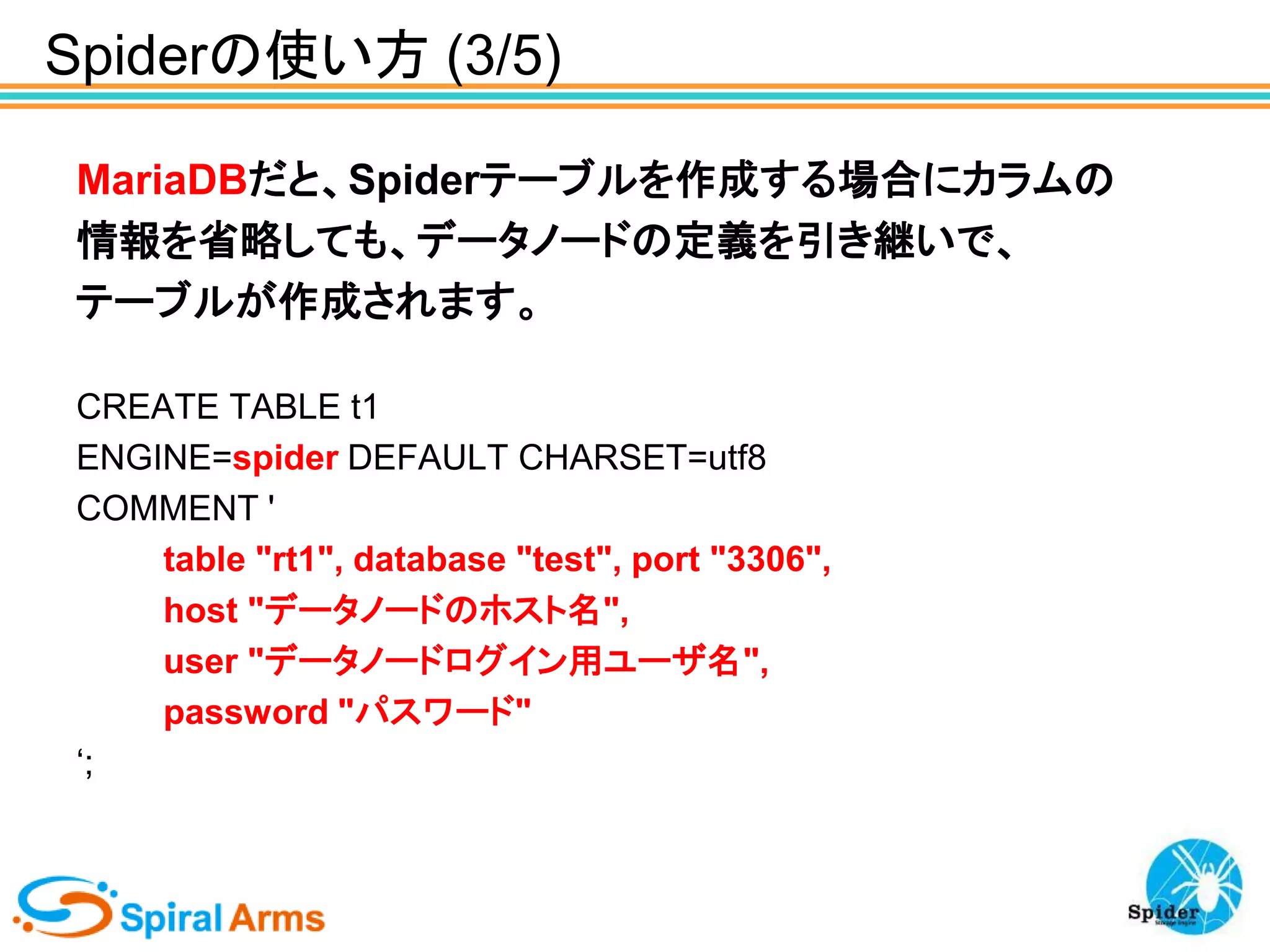 Spiderの使い方 (3/5)
MariaDBだと、Spiderテーブルを作成する場合にカラムの
情報を省略しても、データノードの定義を引き継いで、
テーブルが作成されます。
CREATE TABLE t1
ENGINE=spider DEFAULT CHARSET=utf8
COMMENT '
table "rt1", database "test", port "3306",
host "データノードのホスト名",
user "データノードログイン用ユーザ名",
password "パスワード"
‘;

 