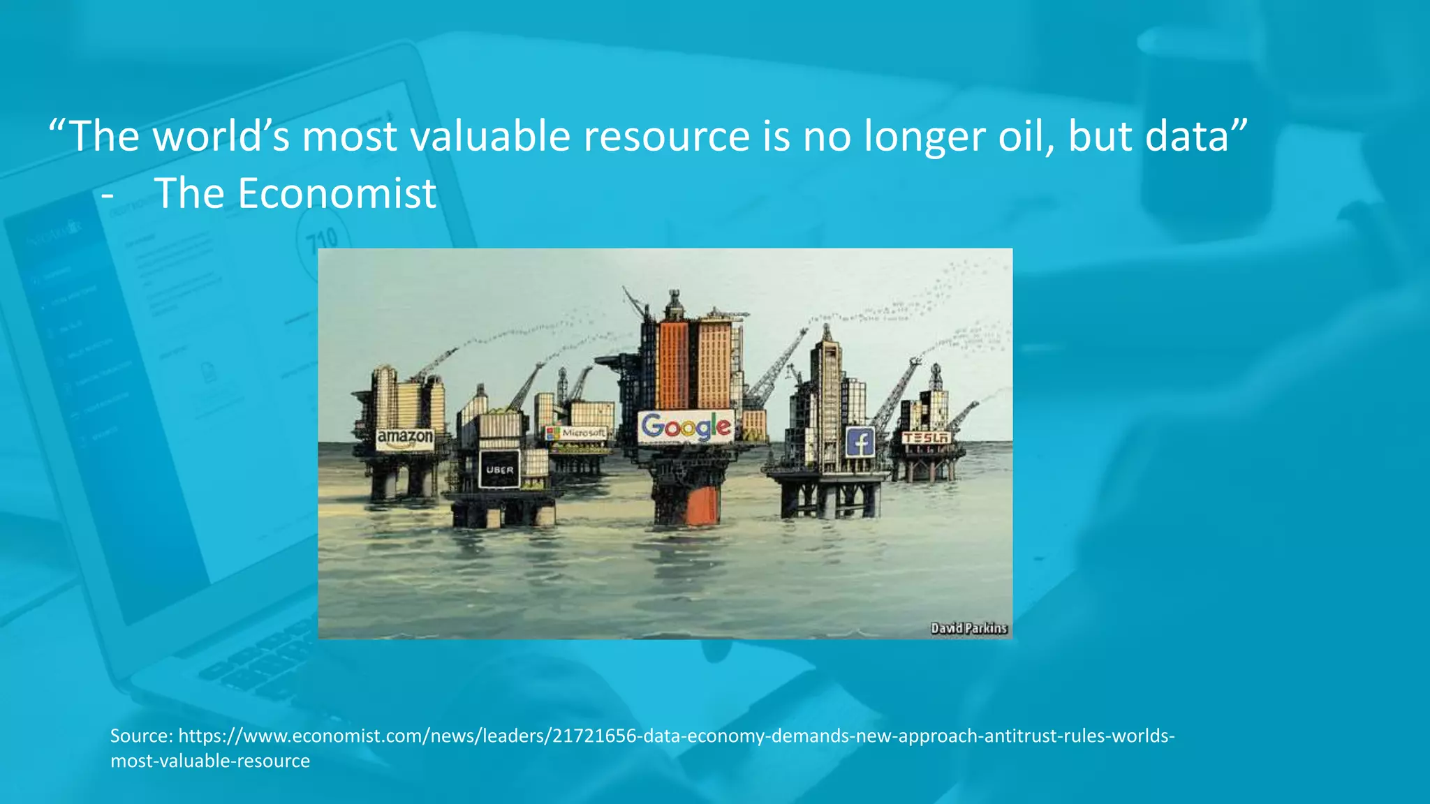 Source: https://www.economist.com/news/leaders/21721656-data-economy-demands-new-approach-antitrust-rules-worlds-
most-valuable-resource
“The world’s most valuable resource is no longer oil, but data”
- The Economist
 