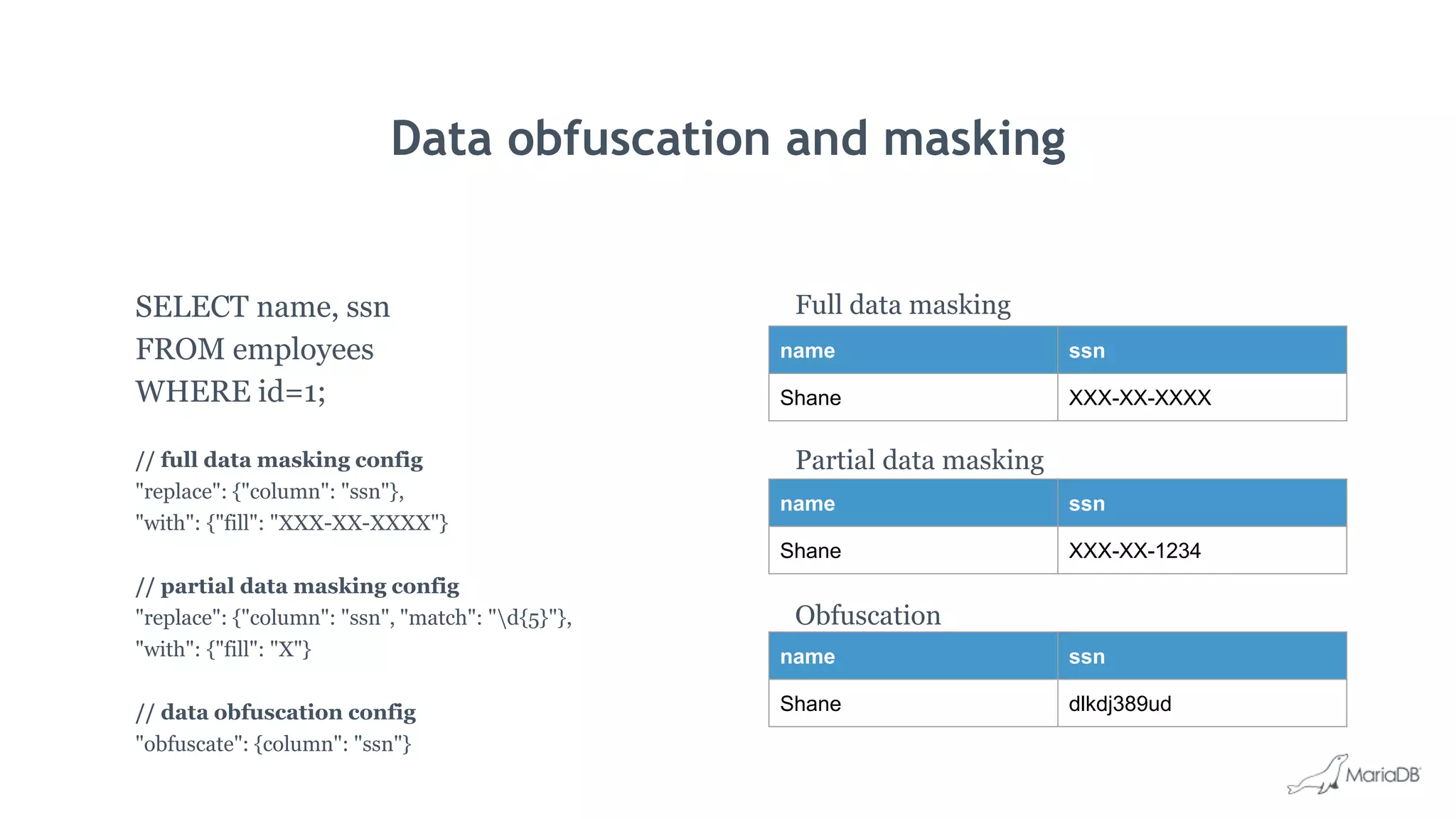 Data obfuscation and masking
SELECT name, ssn
FROM employees
WHERE id=1;
// full data masking config
"replace": {"column": "ssn"},
"with": {"fill": "XXX-XX-XXXX"}
// partial data masking config
"replace": {"column": "ssn", "match": "d{5}"},
"with": {"fill": "X"}
// data obfuscation config
"obfuscate": {column": "ssn"}
Full data masking
Partial data masking
Obfuscation
name ssn
Shane XXX-XX-XXXX
name ssn
Shane XXX-XX-1234
name ssn
Shane dlkdj389ud
 