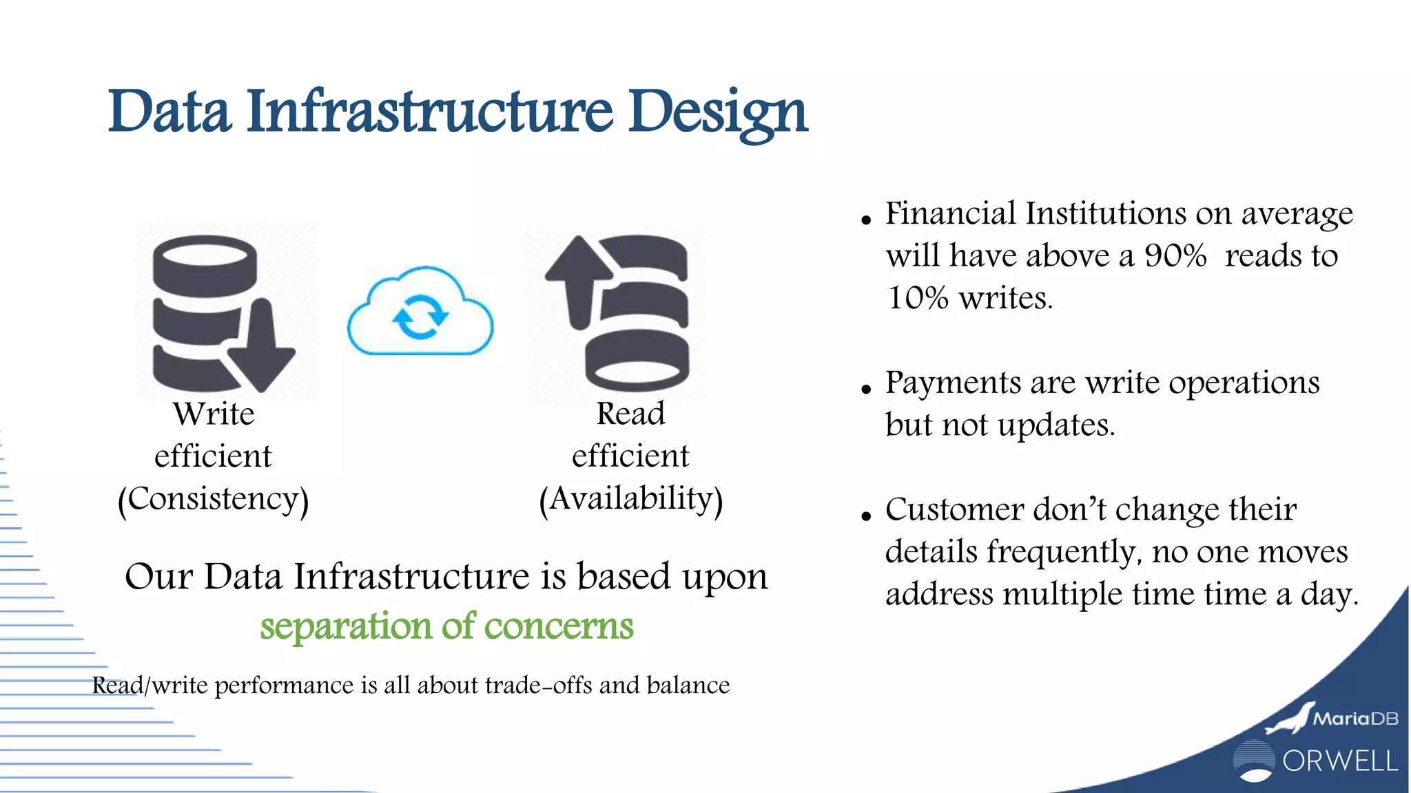 Data Infrastructure Design
Our Data Infrastructure is based upon
separation of concerns
Write
efficient
(Consistency)
Read
efficient
(Availability)
 Financial Institutions on average
will have above a 90% reads to
10% writes.
 Payments are write operations
but not updates.
 Customer don’t change their
details frequently, no one moves
address multiple time time a day.
Read/write performance is all about trade-offs and balance
 