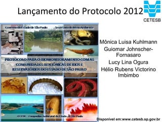 Lançamento do Protocolo 2012

                  Mônica Luisa Kuhlmann
                   Guiomar Johnscher-
                        Fornasaro
                     Lucy Lina Ogura
                  Hélio Rubens Victorino
                         Imbimbo




                 Disponível em:www.cetesb.sp.gov.br
 