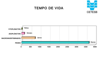 TEMPO DE VIDA




                         15dias
      FITOPLÂNCTON

                            5meses
      ZOOPLÂNCTON

MACROINVERTEBRADOS                       2anos


                                                                                    10anos
            PEIXES

                     0            500    1000    1500   2000   2500   3000   3500      4000
 