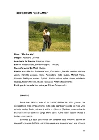 SOBRE O FILME “MENINA MÃE”




Filme: “Menina Mãe”
Direção: Adalberto Queiroz
Assistente de direção: Lourenço Lopes
Edição: Mazé Oliveira, Lourenço Lopes, Tonivan;
Roteiro/argumento: Mazé Oliveira
Elenco: Kátia Martins, Eucilene Castro, Enio Wilson, Daniela Mendes, Winaha
Joséh, Romildo augusto, Maria Auxiliadora, João Eudes, Manoel Vieira,
Cleandro Rodrigues, Antônio Epifânio, Pedro Jacinto, Valter oliveira, Adalberto
Queiroz, Nazaré Oliveira, Thaisa Rodrigues, Antônio Nascimento;
Participação especial das crianças: Érica e Edson Junior




      SINOPSE


      Filme que focaliza, não só as consequências de uma gravidez na
adolescência, mas principalmente, tudo pode acontecer quando se inicia uma
ardente paixão. Assim, a trama é vivida por Simone (Katrine), uma menina de
treze anos que ao conhecer Jorge (Darci Seles) numa boate, trocam olhares e
iniciam um romance.
      Sabendo que seus pais nunca iam consentir esse romance, devido ter
apenas treze anos de idade, a menina passa a se encontrar com seu primeiro


                                                                            50
 