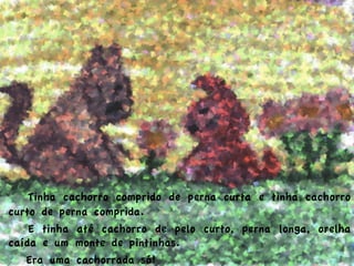  Tinha cachorro comprido de perna curta e tinha cachorro
curto de perna comprida.
E tinha até cachorro de pelo curto, perna longa, orelha
caída e um monte de pintinhas.
Era uma cachorrada só!
 