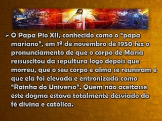 A Bíblia é bem clara que só Deus é digno de adoração (Mt 4:10; Sl 95:6; 29:2; Fl 2:10; Êx 20:3; Jo 4:23,24; Ap 4:10; 4:14; 11:16; 19:4; 14:7).8) Milagres e ApariçõesOs grandes centros católicos do mundo onde Maria “realiza” mais milagres são: Lourdes/França (aparições), Fátima/Portugal (aparições), e Aparecida do Norte/Brasil (milagres).A lógica bíblica nos diz que, se Maria está na sepultura dormindo, aguardando a ressurreição, é conclusivo que tais aparições e milagres nada tem que ver com ela. Muito menos com Jesus Cristo.