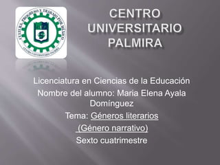Licenciatura en Ciencias de la Educación 
Nombre del alumno: Maria Elena Ayala 
Domínguez 
Tema: Géneros literarios 
(Género narrativo) 
Sexto cuatrimestre 
 