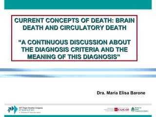 CURRENT CONCEPTS OF DEATH: BRAIN DEATH AND CIRCULATORY DEATH “ A CONTINUOUS DISCUSSION ABOUT THE DIAGNOSIS CRITERIA AND THE MEANING OF THIS DIAGNOSIS”   Dra. María Elisa Barone   