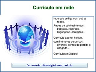 Currículo em rede
rede que se liga com outras
redes,
Redes de conhecimentos,
pessoas, recursos,
linguagens, contextos...
Currículo aberto, flexível,
com inúmeros percursos,
diversos pontos de partida e
chegada...
Currículos múltiplos!
Currículo da cultura digital: web currículo
 