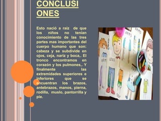 CONCLUSI
ONES
Esto nació a raíz de que
los niños no tenían
conocimiento de las tres
partes mas importantes del
cuerpo humano que son:
cabeza y se subdivide en
ojos, ceja, nariz y boca,. El
tronco encontramos en
corazón y los pulmones,. Y
finalmente las
extremidades superiores e
inferiores que se
encuentran los brazos,
antebrazos, manos, pierna,
rodilla, muslo, pantorrilla y
pie.
 
