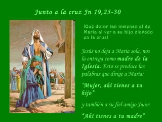 Junto a la cruz Jn 19,25-30
¡Qué dolor tan inmenso el de
María al ver a su hijo clavado
en la cruz!
Jesús no deja a María sola, nos
la entrega como madre de la
Iglesia. Esto se produce las
palabras que dirige a María:
“Mujer, ahí tienes a tu
hijo”
y también a su fiel amigo Juan:
“Ahí tienes a tu madre”
 