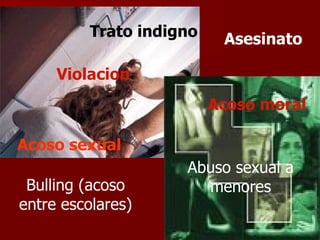Trato indigno Violacion Asesinato Acoso moral Acoso sexual Abuso sexual a menores Bulling (acoso entre escolares) 