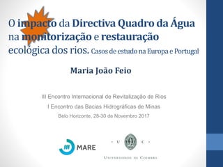 O impacto da Directiva Quadro da Água
na monitorização e restauração
ecológica dos rios. CasosdeestudonaEuropaePortugal
III Encontro Internacional de Revitalização de Rios
I Encontro das Bacias Hidrográficas de Minas
Belo Horizonte, 28-30 de Novembro 2017
Maria João Feio
 