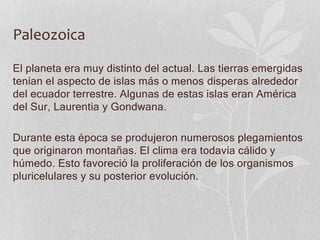 Paleozoica
El planeta era muy distinto del actual. Las tierras emergidas
tenían el aspecto de islas más o menos disperas alrededor
del ecuador terrestre. Algunas de estas islas eran América
del Sur, Laurentia y Gondwana.
Durante esta época se produjeron numerosos plegamientos
que originaron montañas. El clima era todavía cálido y
húmedo. Esto favoreció la proliferación de los organismos
pluricelulares y su posterior evolución.
 