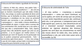 O discurso de coletividade de Tulio
― A! meu senhor. ― <<exclamou o escravo
enternecido>> ― como sois bom! Continuai, eu
vo-lo suplico, em nome do serviço que vos presto,
e a que tanta importância quereis dar, continuai,
pelo céu, a ser generoso, e compassivo para com
todo aquele que, como eu, tiver desventura de ser
vil e miserável escravo! Costumados como
estamos ao rigoroso desprezo dos brancos,
quanto nos será doce vos encontrarmos no meio
das nossas dores! Se todos eles, meu senhor, se
assemelhasse a vós, por certo mais suave seria a
escravidão. (p.19)
O discurso de fraternidade e igualdade de Tancredo
― Cala-te, ó! Pelo céu, cala-te, meu pobre Tulio ―
<<interrompeu o jovem cavalheiro>> ― dia virá em
que os homens reconheçam que são todos irmãos.
Tulio, meu amigo, eu avalio a grandeza de dores sem
lenitivo, que te borbulha na alma, compreendo tua
amargura, e amaldiçoo em teu nome ao primeiro
homem que escravizou a seu semelhante. Sim ―
<<prosseguiu>> ― tens razão; o branco desdenhou a
generosidade do negro, e cuspiu sobre a pureza dos
seus sentimentos! Sim, acerbo deve ser o seu sofrer, e
eles que não o compreendem! Mas, Tulio, espera;
porque Deus não desdenha aquele que ama ao seu
próximo... e eu te auguro um melhor futuro. E te
dedicaste por mim! Ó! Quanto me há penhorado! Se
eu te pudera compensar generosamente... Tulio ―
acrescentou após breve pausa ― ó dize, meu amigo,
o que de mim exiges; porque toda a recompensa será
mesquinha para tamanho serviço. (p.18)
 