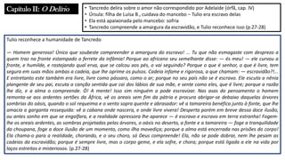 Capítulo II: O Delírio • Tancredo delira sobre o amor não correspondido por Adelaide (órfã, cap. IV)
• Úrsula: filha de Luísa B., cuidava do mancebo – Tulio era escravo delas
• Ela está apaixonada pelo mancebo: sofria
• Tancredo compreende a amargura da escravidão, e Tulio reconhece isso (p.27-28)
Tulio reconhece a humanidade de Tancredo
― Homem generoso! Único que soubeste compreender a amargura do escravo! ... Tu que não esmagaste com desprezo a
quem traz na fronte estampado o ferrete da infâmia! Porque ao africano seu semelhante disse: ― és meu! ― ele curvou a
fronte, e humilde, e rastejando qual erva, que se calcou aos pés, o vai seguindo? Porque o que é senhor, o que é livre, tem
segura em suas mãos ambas a cadeia, que lhe oprime os pulsos. Cadeia infame e rigorosa, a que chamam: ― escravidão?!...
E entretanto este também era livre, livre como pássaro, como o ar; porque no seu país não se é escravo. Ele escuta a nênia
plangente de seu pai, escuta a canção sentida que cai dos lábios de sua mãe, e sente como eles, que é livre; porque a razão
lhe diz, e a alma o compreende. Ó! A mente! Isso sim ninguém a pode escravizar. Nas asas do pensamento o homem
remonta-se aos ardentes sertões da África, vê os areais sem fim da pátria e procura abrigar-se debaixo daquelas árvores
sombrias do oásis, quando o sol requeima e o vento sopra quente e abrasador: vê a tamareira benéfica junto à fonte, que lhe
amacia a garganta ressequida: vê a cabana onde nascera, e onde livre vivera! Desperta porém em breve dessa doce ilusão,
ou antes sonho em que se engolfara, e a realidade opressora lhe aparece ― é escravo e escravo em terra estranha! Fogem-
lhe os areais ardentes, as sombras projetadas pelas árvores, o oásis no deserto, a fonte e a tamareira ― foge a tranquilidade
da choupana, foge a doce ilusão de um momento, como ilha movediça; porque a alma está encerrada nas prisões do corpo!
Ela chama-o para a realidade, chorando, e o seu choro, só Deus compreende! Ela, não se pode dobrar, nem lhe pesam as
cadeias da escravidão; porque é sempre livre, mas o corpo geme, e ela sofre, e chora; porque está ligada a ele na vida por
laços estreitos e misteriosos. (p.27-28)
 