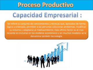 Se refiere al conjunto de conocimientos y técnicas que, aplicados de forma
lógica y ordenada, permiten a las personas solucionar problemas, modificar
su entorno y adaptarse al medioambiente. Este último factor es el más
reciente en incluirse en los modelos económicos y en muchos modelos se le
denomina también tecnología.
 