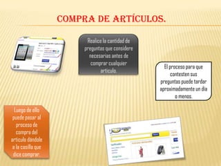 Compra de artículos.
El proceso para que
contesten sus
preguntas puede tardar
aproximadamente un día
o menos.
Luego de ello
puede pasar al
proceso de
compra del
articulo dándole
a la casilla que
dice comprar.
 