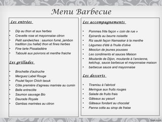 Menu Barbecue
    Les entrées                                    Les accompagnements

•     Dip au thon et aux herbes                    •   Pommes frite façon « coin de rue »
•     Crevette rose et mayonnaise citron           •   Epinards au beurre noisette
•     Petit sandwiches : saumon fumé, jambon       •   Riz sauté façon Namaskar à la menthe
      tradition (ou hallal) thon et fines herbes   •   Légumes d’été à l’huile d’olive
•     Fine tarte Pissaladière                      •   Mesclun de jeunes pousses
•     Taboulé aux poivrons et menthe fraiche       •   Les condiments et sauces Maison
                                                   •   Moutarde de Dijon, moutarde à l’ancienne,
Les grillades                                          ketchup, sauce barbecue et mayonnaise maison
                                                   •   barbecue sauce and mayonnaise
•     Brochette d’autruche
•     Merguez Label Rouge                          Les desserts
•     Poulet façon Chich taouk
•     Côte première d’agneau marinée au cumin      •   Tiramisu à l’abricot
•     Belle entrecôte                              •   Meringue aux fruits rouges
•     Saumon sauvage Bio                           •   Salade de fruits frais
•     Daurade Royale                               •   Gâteaux au yaourt
•     Gambas marinées au citron                    •   Gâteaux fondant au chocolat
                                                   •   Panna cotta au sirop de fraise
 