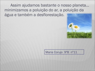 Assim ajudamos bastante o nosso planeta… minimizamos a poluição do ar, a poluição da água e também a desflorestação. Maria Corujo  9ºB  nº11 