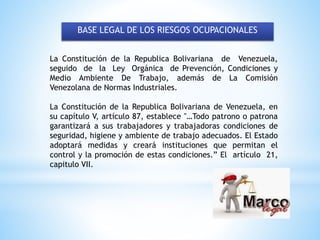 BASE LEGAL DE LOS RIESGOS OCUPACIONALES
La Constitución de la Republica Bolivariana de Venezuela,
seguido de la Ley Orgánica de Prevención, Condiciones y
Medio Ambiente De Trabajo, además de La Comisión
Venezolana de Normas Industriales.
La Constitución de la Republica Bolivariana de Venezuela, en
su capítulo V, artículo 87, establece "…Todo patrono o patrona
garantizará a sus trabajadores y trabajadoras condiciones de
seguridad, higiene y ambiente de trabajo adecuados. El Estado
adoptará medidas y creará instituciones que permitan el
control y la promoción de estas condiciones.” El artículo 21,
capitulo VII.
 