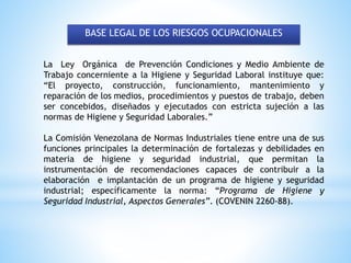 BASE LEGAL DE LOS RIESGOS OCUPACIONALES
La Ley Orgánica de Prevención Condiciones y Medio Ambiente de
Trabajo concerniente a la Higiene y Seguridad Laboral instituye que:
“El proyecto, construcción, funcionamiento, mantenimiento y
reparación de los medios, procedimientos y puestos de trabajo, deben
ser concebidos, diseñados y ejecutados con estricta sujeción a las
normas de Higiene y Seguridad Laborales.”
La Comisión Venezolana de Normas Industriales tiene entre una de sus
funciones principales la determinación de fortalezas y debilidades en
materia de higiene y seguridad industrial, que permitan la
instrumentación de recomendaciones capaces de contribuir a la
elaboración e implantación de un programa de higiene y seguridad
industrial; específicamente la norma: “Programa de Higiene y
Seguridad Industrial, Aspectos Generales”. (COVENIN 2260-88).
 