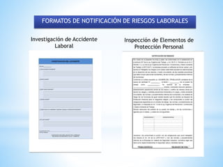 FORMATOS DE NOTIFICACIÓN DE RIESGOS LABORALES
Investigación de Accidente
Laboral
Inspección de Elementos de
Protección Personal
 