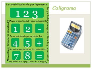 La contabilidad es de gran importancia 
Porque todas las empresas tiene la gran necesidadDe llevar un control de sus negocios Mercantiles y financieras así obtendrá Mayor productividad y aprovechamiento 
1 2 3 
1 2 - 
De su patrimonio por su parte, los 
4 5 + 
7 8 = 
Servicios aportados por la contabilidad 
 