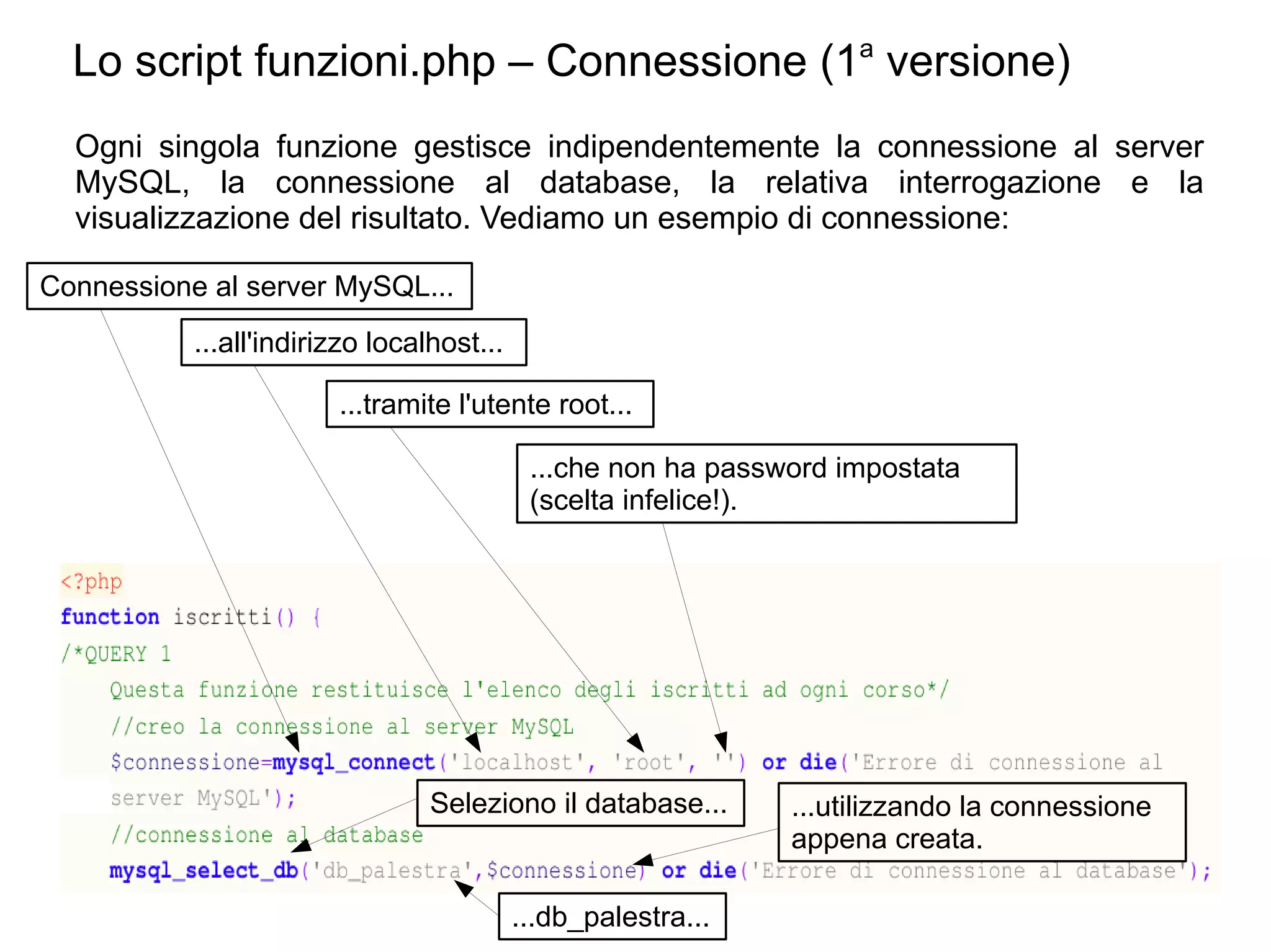 Lo script funzioni.php – Connessione (1a versione)
Ogni singola funzione gestisce indipendentemente la connessione al server
MySQL, la connessione al database, la relativa interrogazione e la
visualizzazione del risultato. Vediamo un esempio di connessione:
Connessione al server MySQL...
...all'indirizzo localhost...
...tramite l'utente root...
...che non ha password impostata
(scelta infelice!).

Seleziono il database...

...db_palestra...

...utilizzando la connessione
appena creata.

 