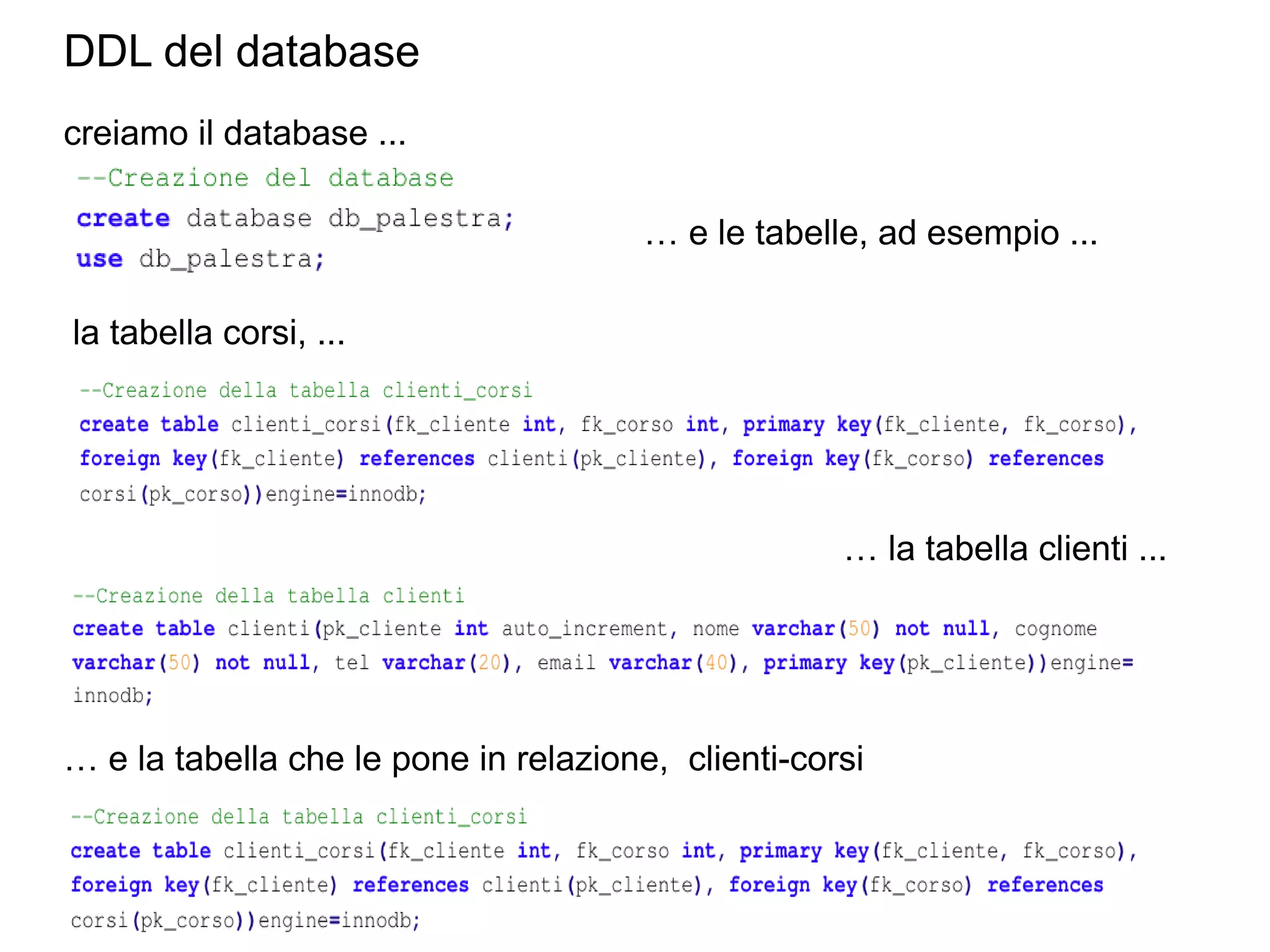DDL del database
creiamo il database ...
… e le tabelle, ad esempio ...
la tabella corsi, ...

… la tabella clienti ...

… e la tabella che le pone in relazione, clienti-corsi

 
