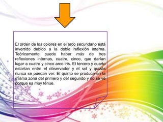 El orden de los colores en el arco secundario está 
invertido debido a la doble reflexión interna. 
Teóricamente puede haber más de tres 
reflexiones internas, cuatro, cinco, que darían 
lugar a cuatro y cinco arco iris. El tercero y cuarto 
estarían entre el observador y el sol y quizás 
nunca se puedan ver. El quinto se produce en la 
misma zona del primero y del segundo y no se ve 
porque es muy ténue. 
 