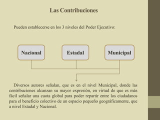 Las Contribuciones
Pueden establecerse en los 3 niveles del Poder Ejecutivo:
Nacional Estadal Municipal
Diversos autores señalan, que es en el nivel Municipal, donde las
contribuciones alcanzan su mayor expresión, en virtud de que es más
fácil señalar una cuota global para poder repartir entre los ciudadanos
para el beneficio colectivo de un espacio pequeño geográficamente, que
a nivel Estadal y Nacional.
 