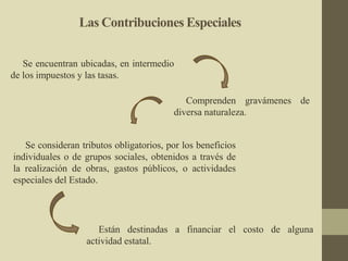 Las Contribuciones Especiales
Se encuentran ubicadas, en intermedio
de los impuestos y las tasas.
Comprenden gravámenes de
diversa naturaleza.
Se consideran tributos obligatorios, por los beneficios
individuales o de grupos sociales, obtenidos a través de
la realización de obras, gastos públicos, o actividades
especiales del Estado.
Están destinadas a financiar el costo de alguna
actividad estatal.
 