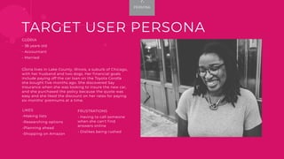 GLORIA
- 36 years old
- Accountant
- Married
Gloria lives in Lake County, Illinois, a suburb of Chicago,
with her husband and two dogs. Her financial goals
include paying off the car loan on the Toyota Corolla
she bought five months ago. She discovered Say
Insurance when she was looking to insure the new car,
and she purchased the policy because the quote was
easy and she liked the discount on her rates for paying
six months' premiums at a time.
TARGET USER PERSONA
FRUSTRATIONS
- Having to call someone
when she can't find
answers online
- Dislikes being rushed
LIKES
-Making lists
-Researching options
-Planning ahead
-Shopping on Amazon
7.
PERSONA
 