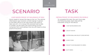 1. VISIT SAYINSURANCE.COM
SCENARIO
2. SELECT SIGN IN
3. ENTER EMAIL AND SELECT CODE METHOD
4. INPUT CODE
5. SELECT YOUR INSURANCE ID CARDS
6. GET CARDS
TASK
To complete this task, the user must take
the following steps. Each step will be
evaluated using an iOS device.
USER NEEDS PROOF OF INSURANCE AT DMV
Gloria needs to renew the tags on her car. The vehicle
information was incorrect, so she had go in person
to the DMV office on her way home from work to
take care of it. It is a busy time and she had to take
a number. As she waits, she starts filling out the
correction form and realizes that she will need to show
proof of insurance.
OBTAIN PROOF OF INSURANCE ON MOBILE
8.
SCENARIO & TASK
 