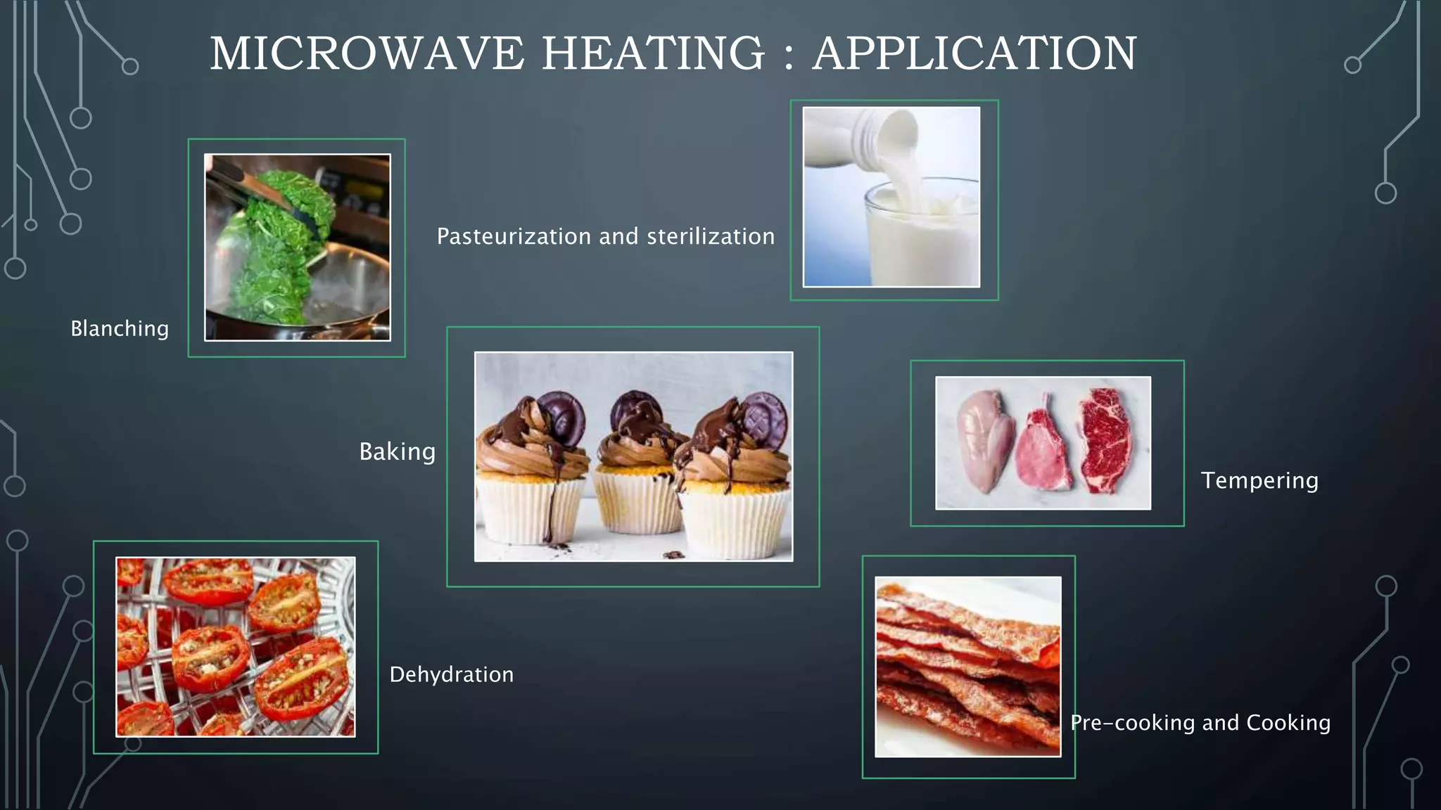 MICROWAVE HEATING : APPLICATION
Baking
Pasteurization and sterilization
Tempering
Blanching
Pre-cooking and Cooking
Dehydration
 