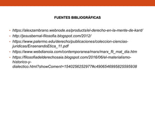 FUENTES BIBLIOGRÁFICAS
• https://alexzambrano.webnode.es/products/el-derecho-en-la-mente-de-kant/
• http://jesusbernal-filosofia.blogspot.com/2012/
• https://www.palermo.edu/derecho/publicaciones/coleccion-ciencias-
juridicas/EnsenandoEtica_11.pdf
• https://www.webdianoia.com/contemporanea/marx/marx_fli_mat_dia.htm
• https://filosofiadelderechosaia.blogspot.com/2016/06/el-materialismo-
historico-y-
dialectico.html?showComent=1540256252977#c4906546995825595938
 