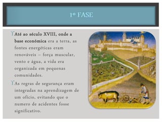Até ao século XVIII, onde a
base económica era a terra, as
fontes energéticas eram
renováveis – força muscular,
vento e água, a vida era
organizada em pequenas
comunidades.
As regras de segurança eram
integradas na aprendizagem de
um ofício, evitando que o
numero de acidentes fosse
significativo.
 