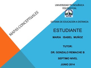 UNIVERSIDAD TECNOLÓGICA
EQUINOCCIAL
SISTEMA DE EDUCACION A DISTANCIA
ESTUDIANTE
MARIA ISABEL MUÑOZ
TUTOR:
DR. GONZALO REMACHE B
SEPTIMO NIVEL
JUNIO 2014
 