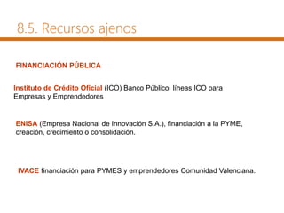 Instituto de Crédito Oficial (ICO) Banco Público: líneas ICO para
Empresas y Emprendedores
ENISA (Empresa Nacional de Innovación S.A.), financiación a la PYME,
creación, crecimiento o consolidación.
IVACE financiación para PYMES y emprendedores Comunidad Valenciana.
FINANCIACIÓN PÚBLICA
8.5. Recursos ajenos
 