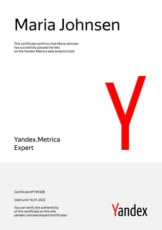 Maria johnsens yandex analytics certificate