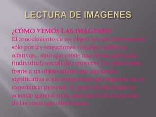 ¿CÓMO VEMOS LAS IMÁGENES?
El conocimiento de un objeto no está determinado
sólo por las sensaciones visuales, auditivas,
olfativas... sino que existe una forma particular
(individual/social) de conocerlo. Un observador
frente a un objeto añade una asociación
significativa a sus sensaciones que depende de su
experiencia personal. A pesar de ello existe un
acuerdo general en la apreciación de la mayoría
de las cosas que observamos.
 