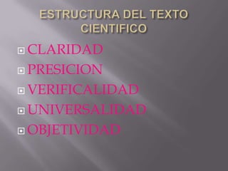  CLARIDAD

 PRESICION

 VERIFICALIDAD

 UNIVERSALIDAD

 OBJETIVIDAD
 