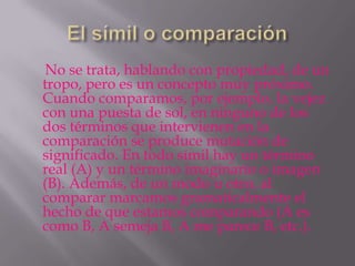 No se trata, hablando con propiedad, de un
tropo, pero es un concepto muy próximo.
Cuando comparamos, por ejemplo, la vejez
con una puesta de sol, en ninguno de los
dos términos que intervienen en la
comparación se produce mutación de
significado. En todo símil hay un término
real (A) y un término imaginario o imagen
(B). Además, de un modo u otro, al
comparar marcamos gramaticalmente el
hecho de que estamos comparando (A es
como B, A semeja B, A me parece B, etc.).
 