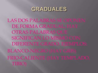 LAS DOS PALABRAS SE OPONEN
  DE FORMA GRADUAL; HAY
  OTRAS PALABRAS QUE
  SIGNIFICAN LO MISMO CON
  DIFERENTE GRADO. EJEMPLOS:
BLANCO-NEGRO (HAY GRIS)
FRIO-CALIENTE (HAY TEMPLADO,
  TIBIO)
 