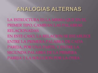 LA ESTRUCTURA ES LA MISMA QUE EN EL
PRIMER TIPO, CAMBIAN LAS PALABRAS
RELACIONADAS.
EN ESTE CASO, LA RELACION SE ESTABLECE
ENTRE LA PRIMERA PALABRA DE CADA
PAREJA, POR UNA PARTE, Y ENTRE LA
SEGUNDA PALABRA DE LA PRIMERA
PAREJA Y LA SOLUCION POR LA OTRA
 