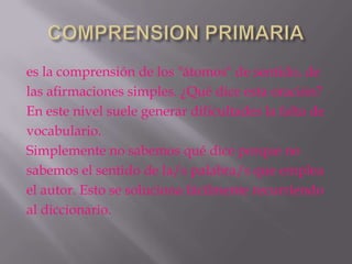 es la comprensión de los "átomos" de sentido, de
las afirmaciones simples. ¿Qué dice esta oración?
En este nivel suele generar dificultades la falta de
vocabulario.
Simplemente no sabemos qué dice porque no
sabemos el sentido de la/s palabra/s que emplea
el autor. Esto se soluciona fácilmente recurriendo
al diccionario.
 