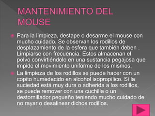  Para la limpieza, destape o desarme el mouse con
mucho cuidado. Se observan los rodillos de
desplazamiento de la esfera que también deben .
Limpiarse con frecuencia. Estos almacenan el
polvo convirtiéndolo en una sustancia pegajosa que
impide el movimiento uniforme de los mismos.
 La limpieza de los rodillos se puede hacer con un
copito humedecido en alcohol isopropílico. Si la
suciedad está muy dura o adherida a los rodillos,
se puede remover con una cuchilla o un
destornillador pequeño teniendo mucho cuidado de
no rayar o desalinear dichos rodillos.
 