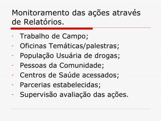 Monitoramento das ações através de Relatórios. Trabalho de Campo; Oficinas Temáticas/palestras; População Usuária de drogas; Pessoas da Comunidade; Centros de Saúde acessados; Parcerias estabelecidas; Supervisão avaliação das ações. 