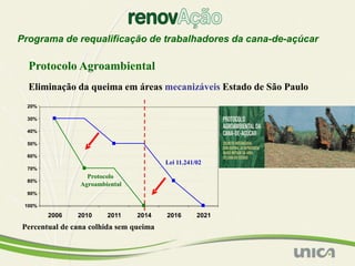 Programa de requalificação de trabalhadores da cana-de-açúcar

  Protocolo Agroambiental
  Eliminação da queima em áreas mecanizáveis Estado de São Paulo
  20%

  30%

  40%

  50%

  60%
                                        Lei 11.241/02
  70%
                  Protocolo
  80%
                Agroambiental
  90%

 100%

        2006   2010     2011    2014    2016       2021
Percentual de cana colhida sem queima
 