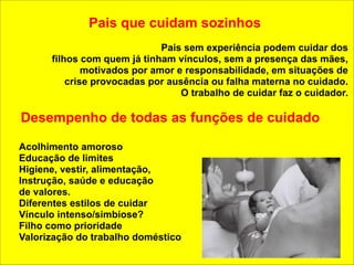 Pais que cuidam sozinhos 
! 
Pais sem experiência podem cuidar dos 
filhos com quem já tinham vínculos, sem a presença das mães, 
motivados por amor e responsabilidade, em situações de 
crise provocadas por ausência ou falha materna no cuidado. 
O trabalho de cuidar faz o cuidador. 
! 
Desempenho de todas as funções de cuidado 
! 
Acolhimento amoroso 
Educação de limites 
Higiene, vestir, alimentação, 
Instrução, saúde e educação 
de valores. 
Diferentes estilos de cuidar 
Vínculo intenso/simbiose? 
Filho como prioridade 
Valorização do trabalho doméstico 
 